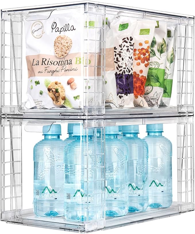 2Pack Large Stackable Kitchen Storage Drawers, Clear Foods Organizer Bins with Handles, Easily Assemble for Bathroom, Kitchen, Pantry, Cabinet, Closet(XL-Down Handle)-NeatNest