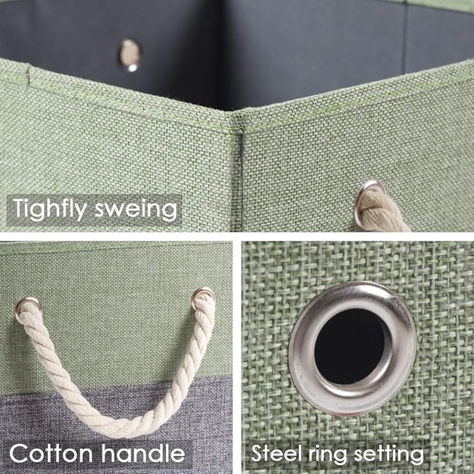 PRANDOM Large Foldable Cube Storage Bins 13x13 inch [2-Pack] Fabric Linen Storage Baskets Cubes Drawer with Cotton Handles Organizer for Shelves Nursery Closet Bedroom Green