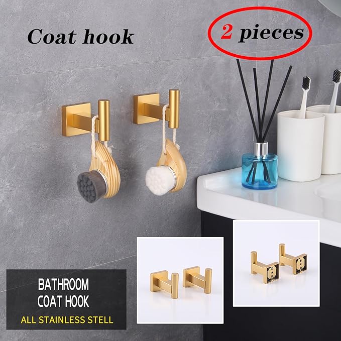 GERZWY Wall Mounted Towel Hook Heavy Duty Robe Coat Hook Luxury Hooks for Bathroom 2 Pack Gold Stainless Steel DG1407-BE