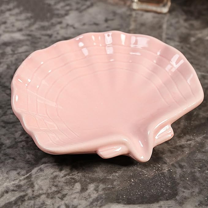 Ceramic Soap Holder, Sea-Shell Soap Tray with Self Draining, Soap Tray for Sink Washroom Bathroom Shower, Small Cute and Elegant Holder with Glaze, Easy Cleaning (Pink)-NeatNest