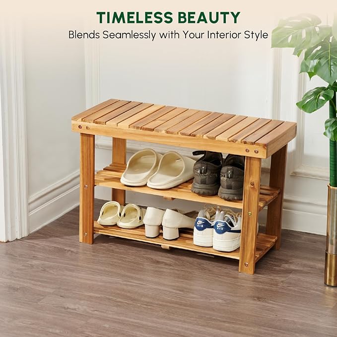 BEEFURNI Acacia Shoe Rack Bench, 3-Tier Sturdy Shoe Storage Bench, Wooden Footwear Organizer, 300 LBS Load Capacity, Perfect for Closet Entryway Bathroom, 1-Year Manufacturer Warranty, Natural Acacia-NeatNest