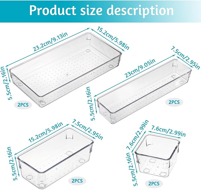 8 Pack Clear Drawer Organizer, 4 Sizes Organization and Storage Trays, Drawer Organizer Bins for Kitchen, Vanity, Bathroom, Office-NeatNest
