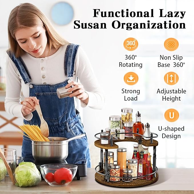 2-Tier Lazy Susan Organizer Turntable Spice Organization U-Shape 11.8" Rotating Spice Rack Height Adjustable for Cabinet, Pantry, Kitchen Countertop, Party-NeatNest