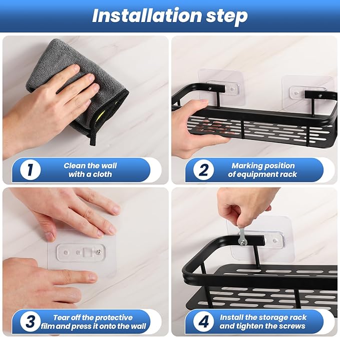 lanlord Wall Mounted Shower Caddy Shelf Organizer Rack,2 Pack 12 inch No Drilling Adhesive Shower Shelves,Bathroom Shower Organizers and Storage,Save Space With Hooks,(Black 2LBLT).