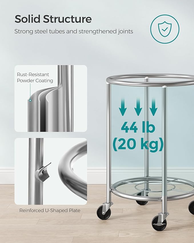 SONGMICS Laundry Basket with Casters, Rolling Laundry Hamper, 29 Gal., Round Laundry Cart with Steel Frame and Removable Bag, 4 Casters and 2 Brakes, Mint Green and Metallic Silver URLS002C01