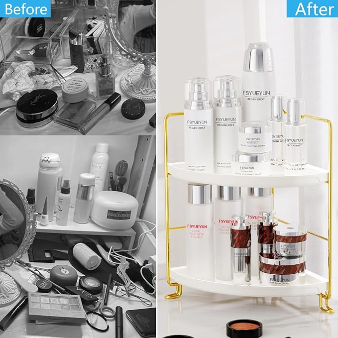 FSyueyun 2-Tier Corner Bathroom Counter Organizer, Tool-Less Installation Vanity Shelf Small Plastics Countertop Makeup Tray Skincare Perfume Organizers (Gold)-NeatNest