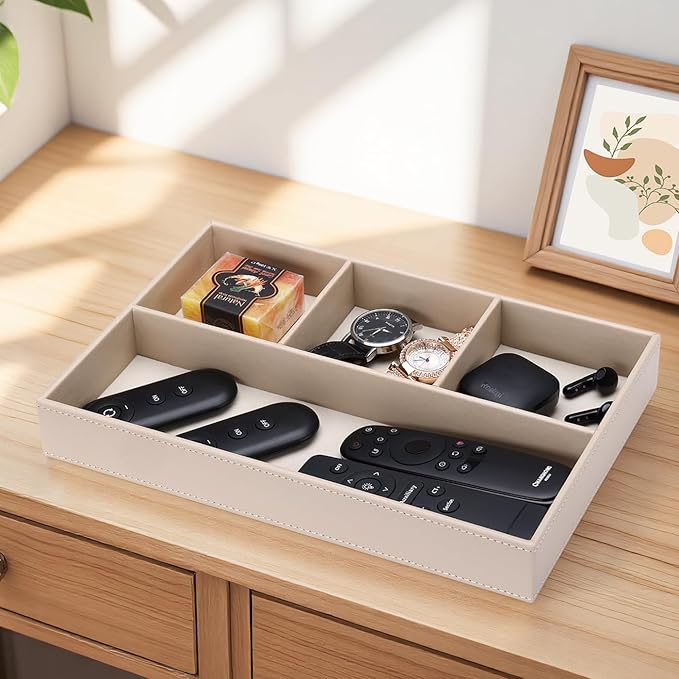 GORESE PU Leather Valet Tray, Stackable Jewelry Trays for Dresser, Drawer Nightstand Organizer Bedside Trays for Men Women, Entryway Desk Catchall Tray for Trinket, Key, Purse, Watch, Cologne, Beige-NeatNest