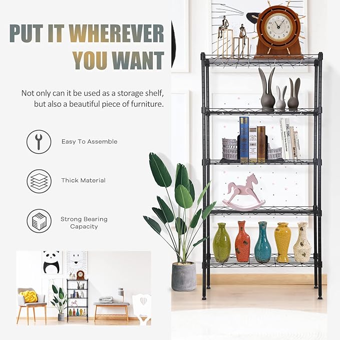 5-Tier Metal Shelving Unit Storage Shelves Metal Shelves 48"x21"x12" Heavy Duty Metal Storage Rack Wire Rack NSF Height Adjustable for Home Kitchen Bathroom Garage Shelving(Black)