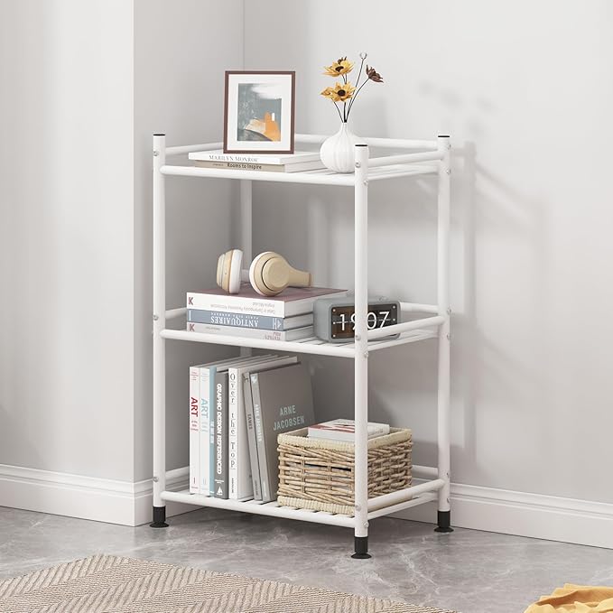 3 Tier Bathroom Storage Open Shelf Unit, Free-Standing Metal Corner Rack Shelving for Kitchen, Living Room, Hallway (White, Wider 3 Tier)-NeatNest