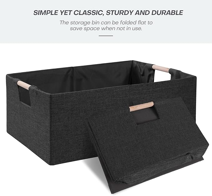 ANMINY 2PCS Storage Baskets for Organizing Collapsible Fabric Storage Bins Boxes with Wood Handles Closet Shelves Cube Organizer Bins Clothes Laundry Storage Container - Small, Black-NeatNest