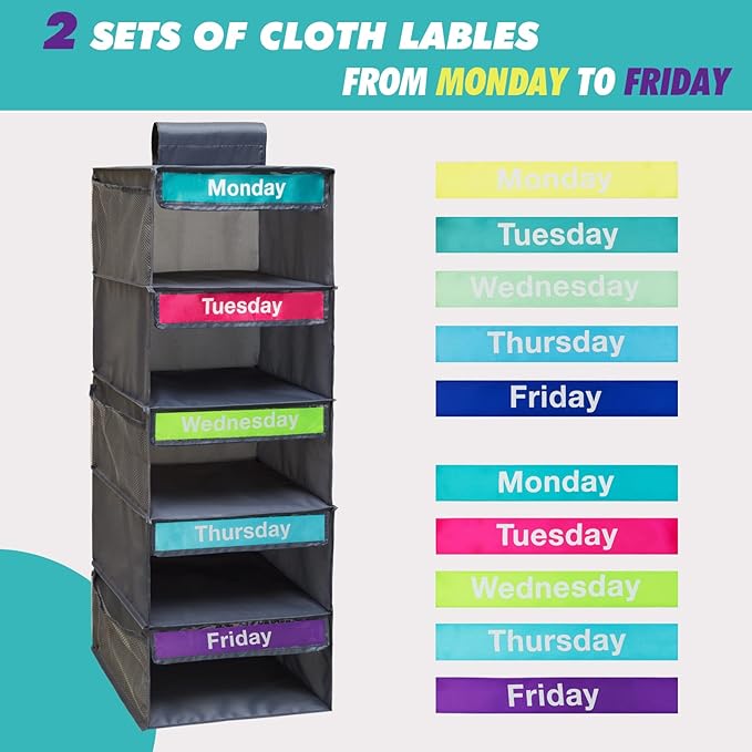 5-Shelf Weekly Clothes Organizer for Kids, Kids Daily Shelf Hanging Closet Organizer with 6 Side Pockets, Days of The Week Hanging Storage Shelves, Grey-NeatNest