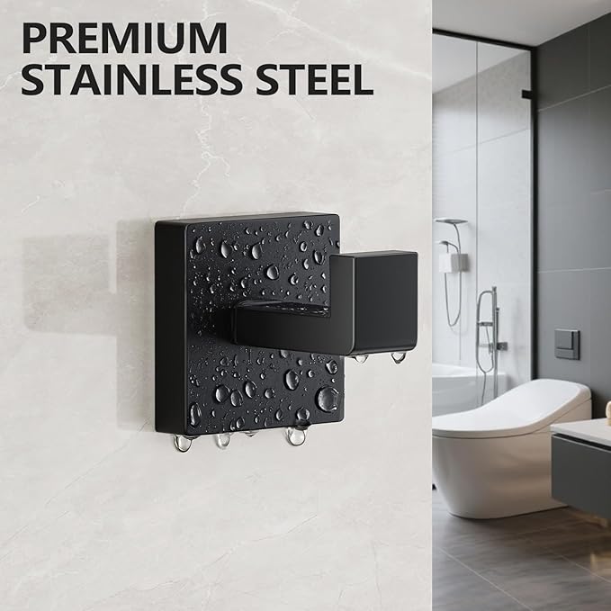 Kruodop 2 PCS Towel Hooks for Bathroom, Wall Mount Towel Holder, Black Matte Wall Robe Hook,Square Stainless Steel Door Hanger Towel Hook for Kitchen, Bedroom,Hotel,Pool,Coats