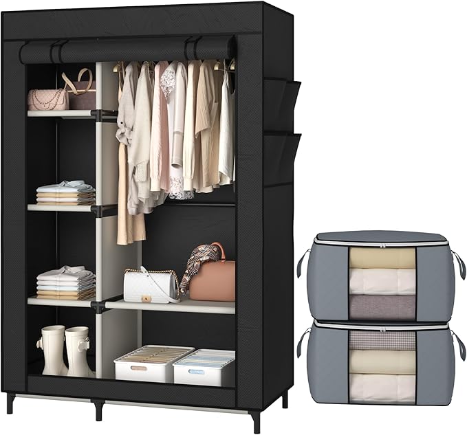 Calmootey Portable Closet, Wardrobe with 6 Shelves and Hanging Rod, Storage Organizer for Bedroom, Non-Woven Fabric Cover with 4 Side Pockets, Includes 2 Storage Bags for Clothes, Black-NeatNest