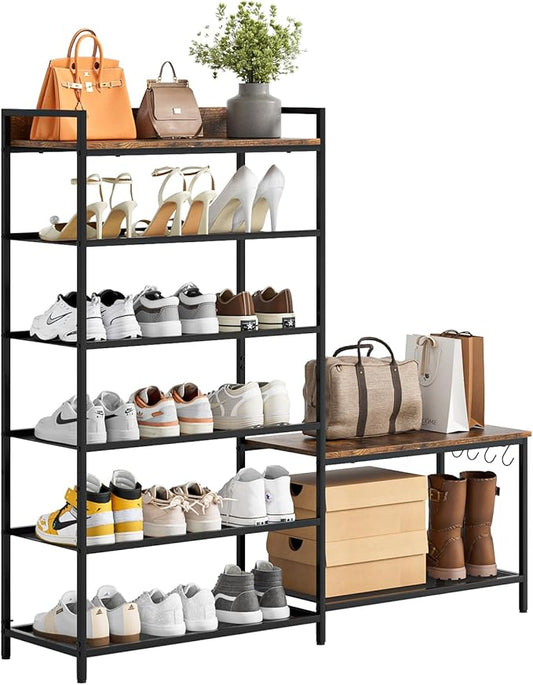 Shoe Rack Bench Storage Organizer for entryway,6-Tier Industrial Free Standing Shoe and Boot Racks with Seat,Entrance Shoe Rack Organizer Shelves for High Heels,Hallways, Closets,Brown,48.7in-NeatNest