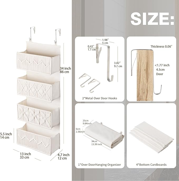 ANTIS'S HOME Nursery Over The Door Organizer Boho Decor Nursery Storage with 4 Large Woven Pockets, Macrame Nursery Organizers and Toys Storage, Behind Door for Bathroom, Bedroom-NeatNest