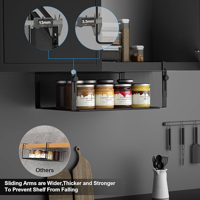 2Pack Under Shelf Basket Organizer,Adjustable Hanging Holder for Cabinet Pantry Kitchen Cupboard Desk Counter Bookshelf Organization Add-on Space Saver Heavy Duty Slide-in (Black, Large)
