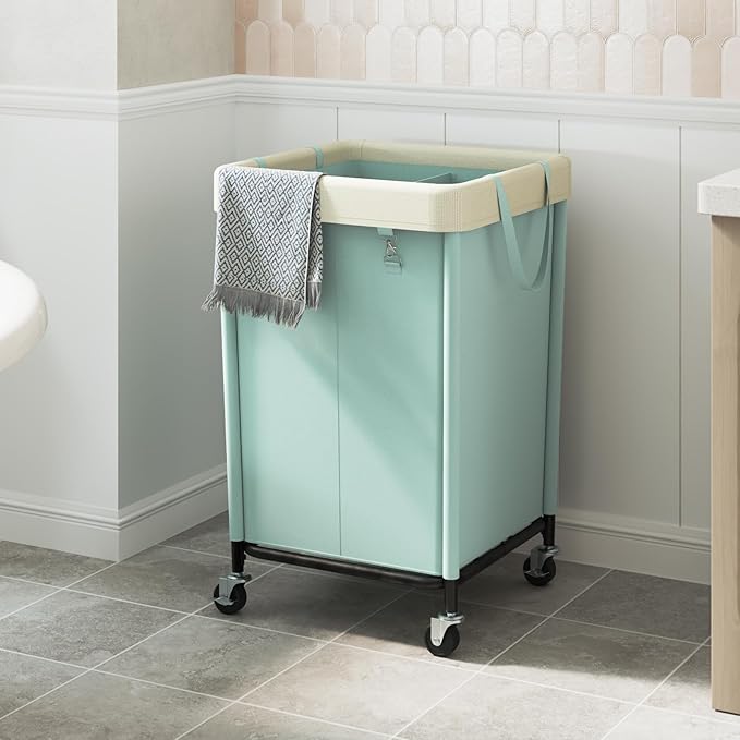 WOWLIVE 160L Rolling Laundry Hamper with Wheels, Heavy Duty Laundry Basket, Large Laundry Cart with Steel Frame and Removable Bag, Dirty Clothes Hamper for Home, Closet, Dorm, Bathroom, Mint Green