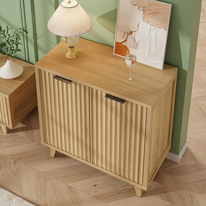 Fluted Cabinet with Storage, 2 Doors Sideboard Buffet, Mid Century Modern Accent Cabinet with Adjustable Shelves, Multifunctional Console Table with Storage for Living Room, Kitchen, Entryway