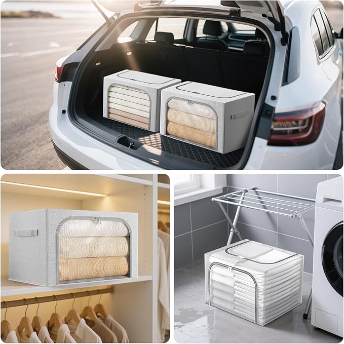 3 Pack Clothes Storage Bins with Metal Frame, Stackable & Foldable Linen Storage Box with Lids, Closet Organizers And Storage For Bedding, Blanket, Sweater, Baby Clothes. (Large 66L)-NeatNest