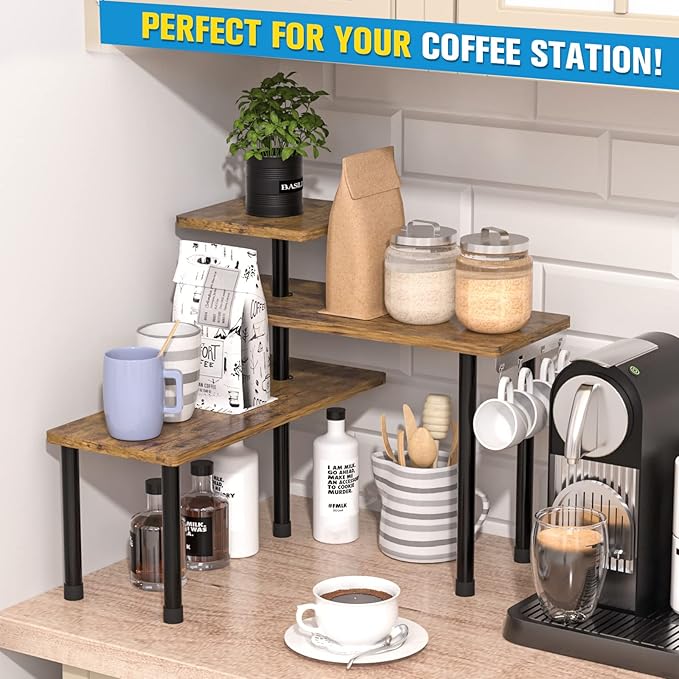 JayRex Countertop Organizer Organization, 3 Tier Moveable Corner Shelf Organizer for Kitchen, Bathroom, Spice Rack, Coffee Area, Over Sink, Dresser Table (Rustic Brown)-NeatNest