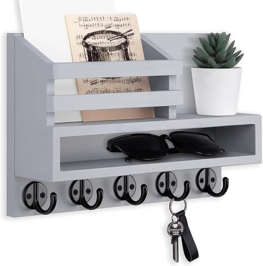 Key and Mail Holder Wall Mount, Key Hanger with Long Storage Box and 5 Hooks for Coat, Dog Leash, Home Decor Rack, House Accessories, Entry Way Organizer 11.8”W x 7.8”H x 3.2”D