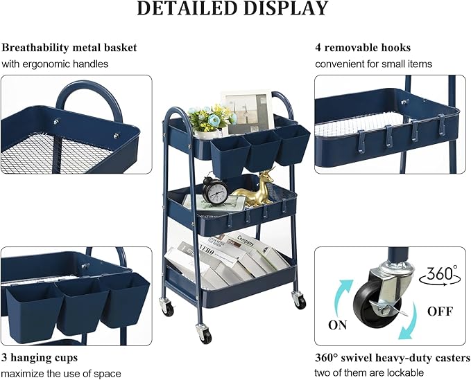 danpinera 3-Tier Rolling Cart, Metal Rolling Storage Cart with Lockable Wheels & Hanging Cups & Hooks, Mobile Trolley Cart for Kitchen, Bathroom, Office, Workshop, Dark Blue-NeatNest