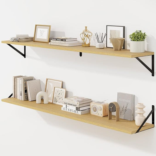 Fun Memories Deep Floating Shelves for Wall, 55W x 8D Wall Mounted Shelves Set of 2, Wide Display Ledge Shelf with Sturdy Metal Brackets for Living Room, Bathroom, Bedroom and Kitchen, Oak-NeatNest
