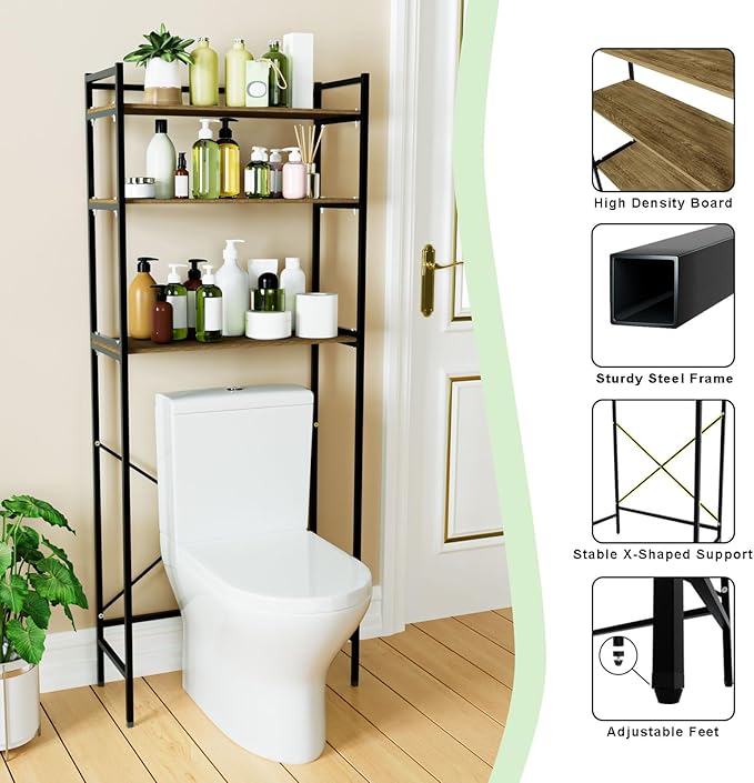 3-Tier Over The Toilet Storage Rack, Space-Saving, Over Toilet Bathroom Organizer Shelf, Above Toilet Shelves