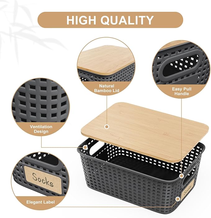 6-Pack Stackable Storage Bins with Bamboo Lids, Small 5 Qt Decorative Plastic Storage Baskets Boxes Containers with Labels for Organizing Shelves Classroom Closet Office Bathroom, Grey-NeatNest