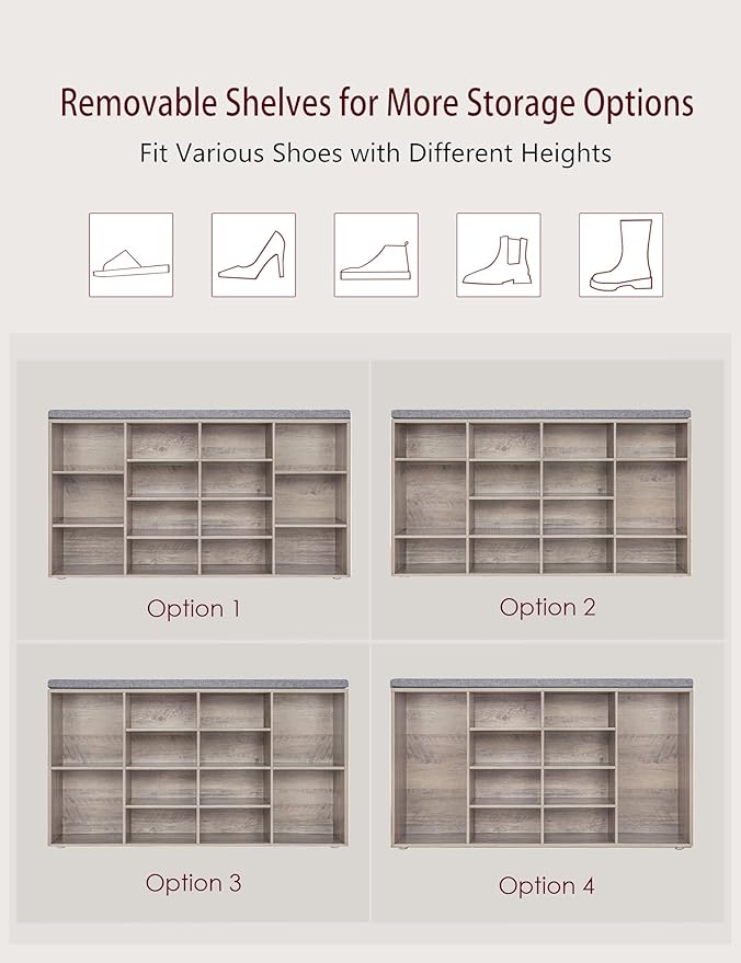 DINZI LVJ Shoe Storage Bench with Cushion, 14-Cubby Shoe Rack, Adjustable Shelves, Multifunctional Shoe Organizer Bench for Entryway, Mudroom, Hallway, Living Room, Bedroom and Garage, Greige-NeatNest