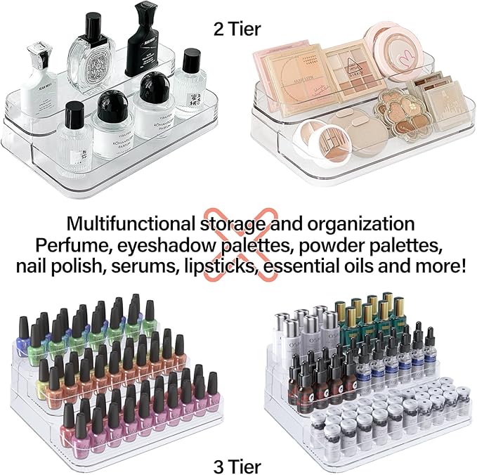 2 Tier 4 rows Nail Polish Organizer Acrylic Display Stand for Nail Polish Holder 2 pack, Nail Art Supplies Storage Rack for Essential Oils, Makeup Brushes, Jewelry, Clear Acrylic Display Case-NeatNest