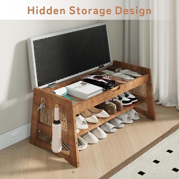 Shoe Rack Bench, 35.4" Solid Wood Entryway Bench with Flip-Top Storage, Cushion, Side Hooks, Shoe Organizer for Front Door Entrance, Hallway, Foyer, Closet, Living Room, Bedroom