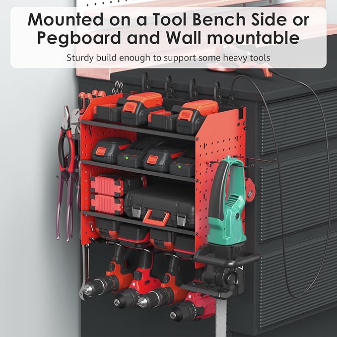 CCCEI Modular Pegboard Rack Power Tool Organizer with Charging Station. 4 Layer Wall Mount Drill Holder, Red Tool Battery Charger Organizer. Garage Shop Storage Utility Shelf with 10FT Power Strip.-NeatNest