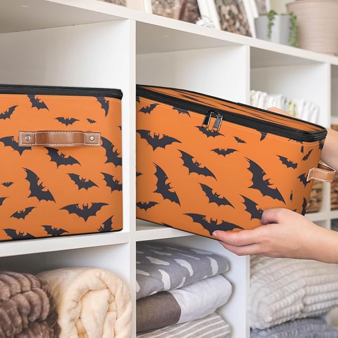 Halloween Bat Storage Bins with Lids, Black Orange Fabric Storage Boxes with Zipper, Collapsible Decorative Closet Organizer Cube for Clothes,Organizing, Shelves-NeatNest