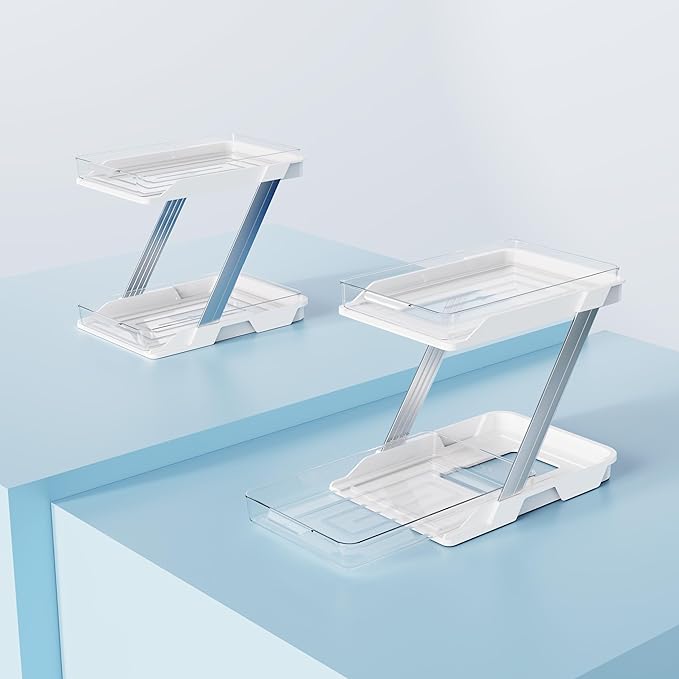 2 Pack Bathroom Organizers and Storage - Multi-Purpose,2-Tier Clear Pull Out Organization for Bathroom,Under Sink,Kitchen,Vanity,Countertop,Cabinet,Pantry & Medicine Cabinet,White-NeatNest