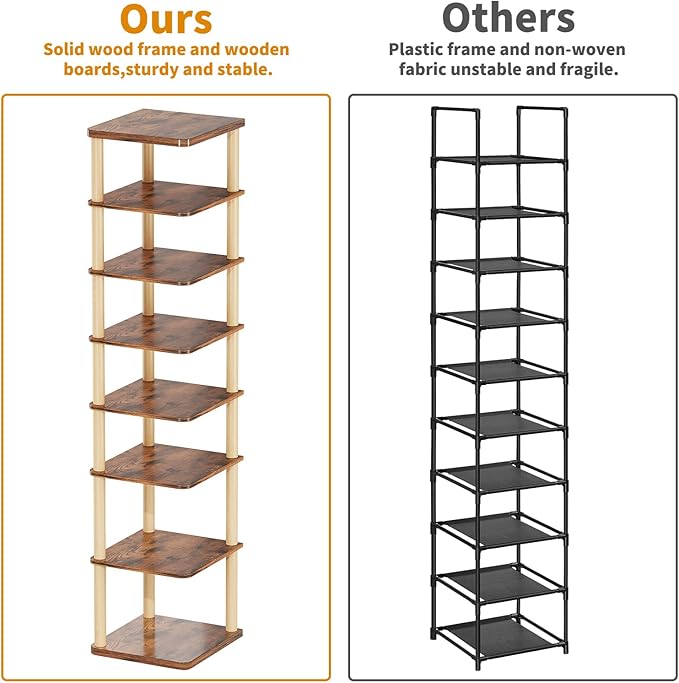 LUCKNOCK Vertical Shoe Rack, 8-Tier Tall Narrow Shoe Organizer for Entryway, Closet, Dorm & Small Spaces, Freestanding Wooden Shoe Shelf Tower for Boots, Sneakers, Heels. (Rustic Brown)-NeatNest