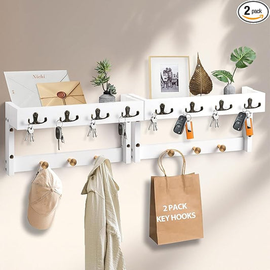 2 Pack Key Holder with 14 Hooks, Wall Hooks with Shelf, Mail Organizer with Hooks, 4 in 1 Coat and Key Hanger Shelf with Mail Holder for Entryway Living Room, Bedroom （White