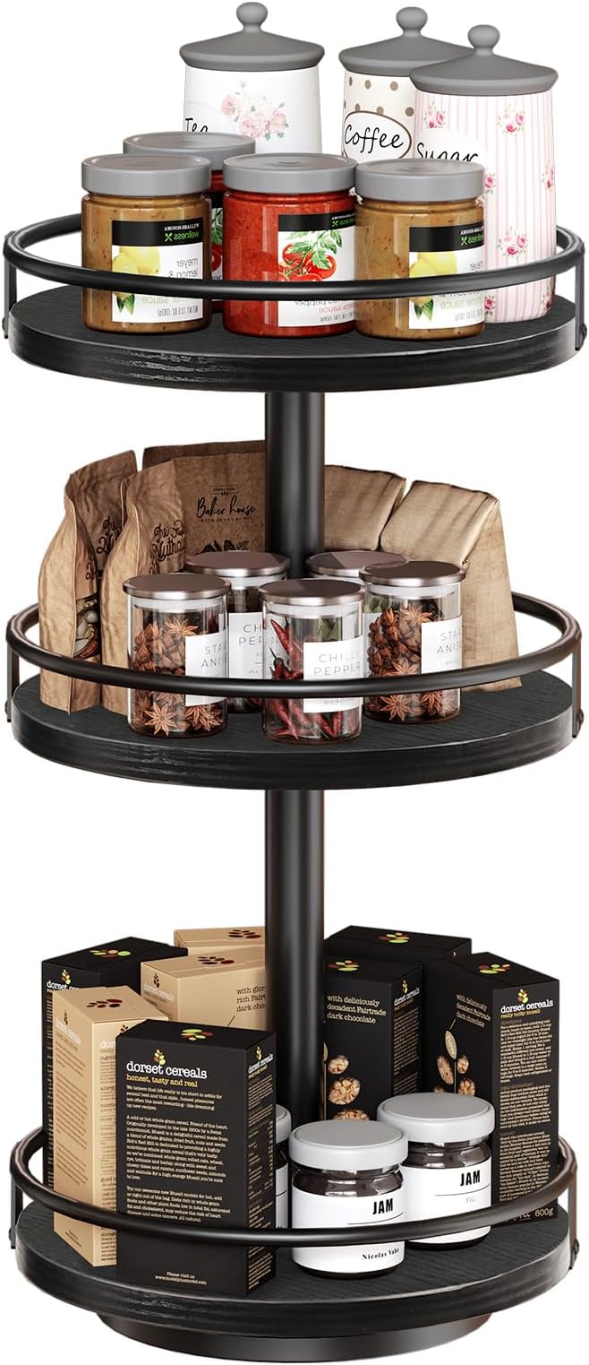 HOOBRO Lazy Susan Organizer, Rotating Spice Rack, 3-Tier Organizer, Turntable Spice Rack, Vertical Storage Organizer, for Kitchen Countertop, Vanity, Dining Table, Black BB09TL01-NeatNest