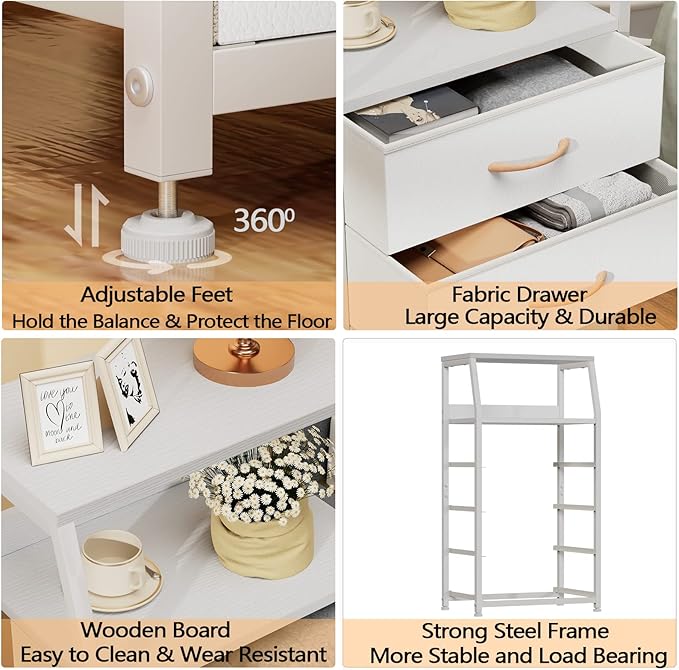 Furnulem Tall 4 Drawers Dresser, Vertical Storage Tower for Bedroom, Hallway, Entryway, Nursery, Closet Organizer, Nightstand Bedside Table Furniture, Sturdy Steel Frame, Wood Top, White-NeatNest