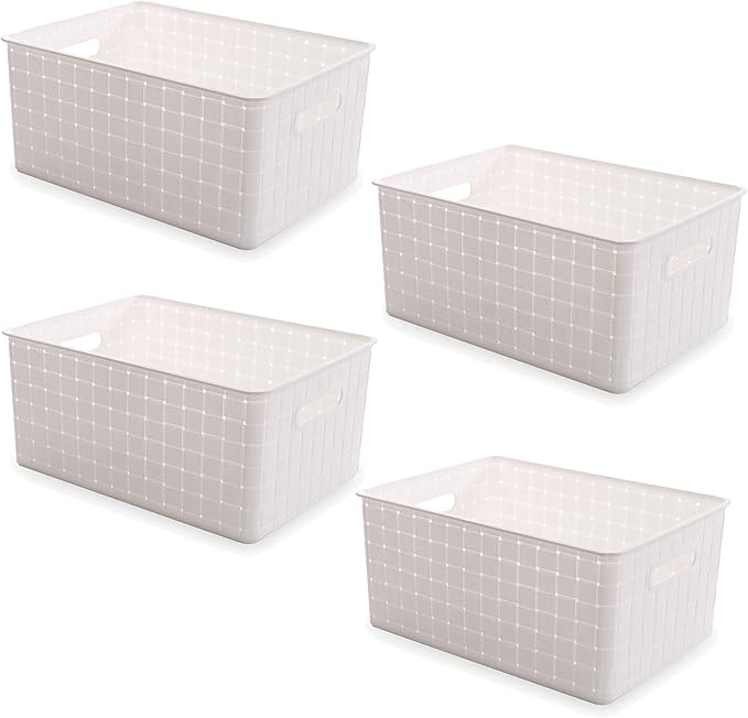 BINO Plastic Basket, Medium - White, 4 Pack, THE STABLE COLLECTION, Multi-Use Storage Basket, Rectangular Cabinet Organizer, Baskets for Organizing with Handles, Home & Office Storage Organizer-NeatNest