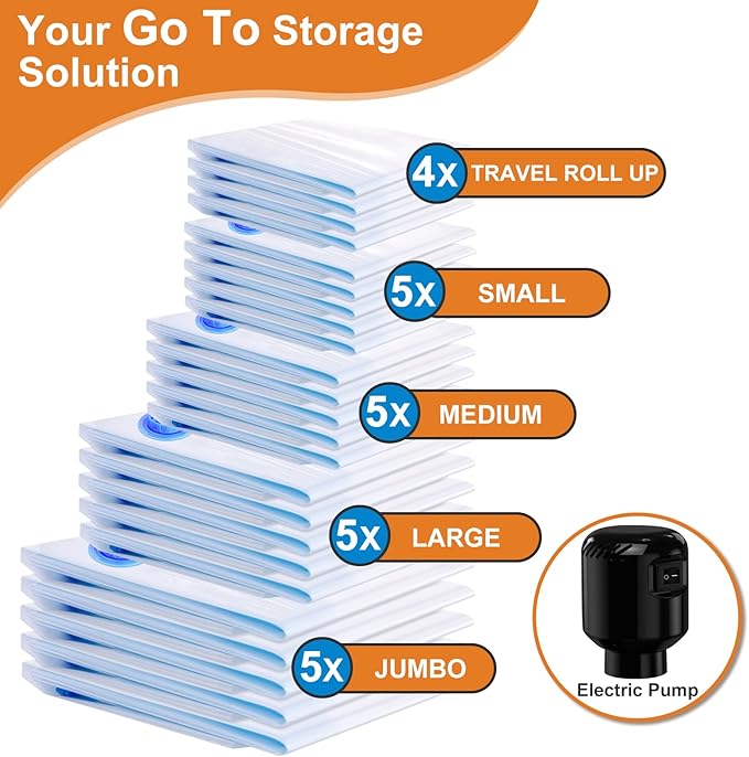 24 Pack Vacuum Storage Bags, Space Saver Bags, Compression for Comforters and Blankets, Plush Toy, Sealer Clothes Storage (5 Jumbo/5 Large/5 Medium/5 Small/4 Roll) Electric Vacuum Pump Included-NeatNest