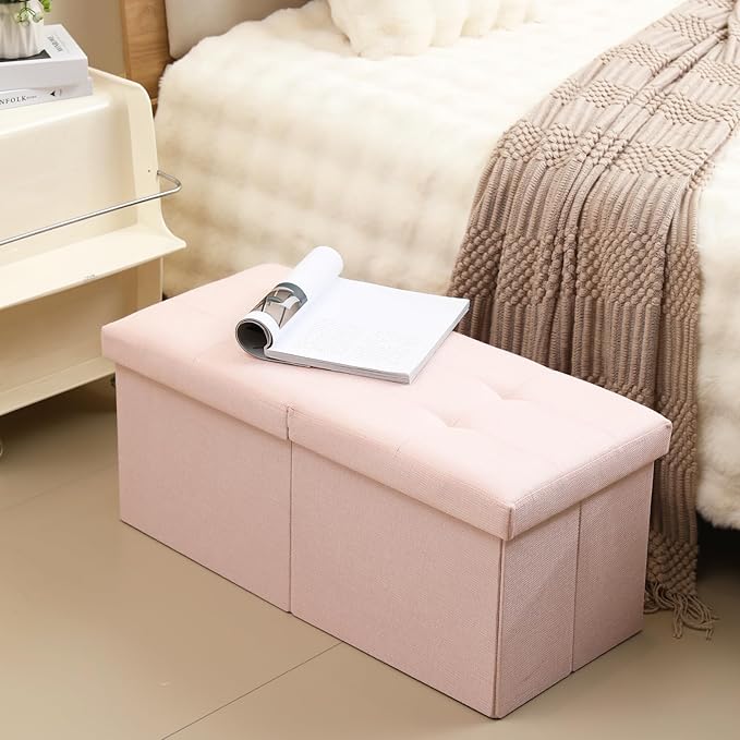 CUYOCA Storage Ottoman Bench Foldable Seat Footrest Shoe Bench End of Bed Storage with Flipping Lid, 75L Storage Space, 30 inches Linen Fabric Pink, OT026PK-NeatNest