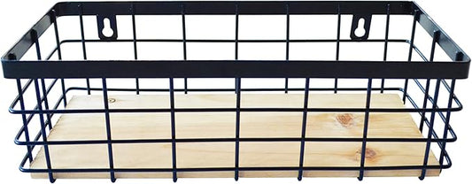 Metal Wire Basket Detachable Wood Base Storage Organizer Farmhouse Bin for Kitchen Cabinets, Bathroom, Pantry, Laundry Room, Closets，1 Pack in Black Color,Size Small