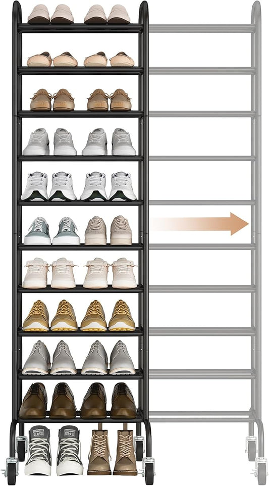 STORAGE MANIAC Expandable Shoe Rack, 44 Pairs Stackable Small Shoe Rack, Metal Adjustable Shoes Organizer for Closet, Entryway, Hallway, Garage, Front Door, Shoes Shelves, Black 10 Tier-NeatNest