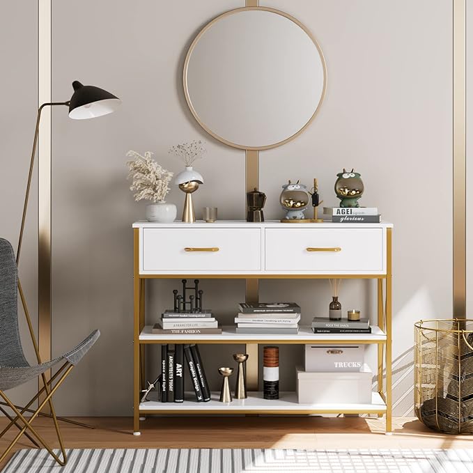 HITHOS Industrial Console Table with Drawers, Vintage Hallway Foyer Table with Storage Shelves, Narrow Long Sofa Entryway Table for Living Room, White/Gold-NeatNest