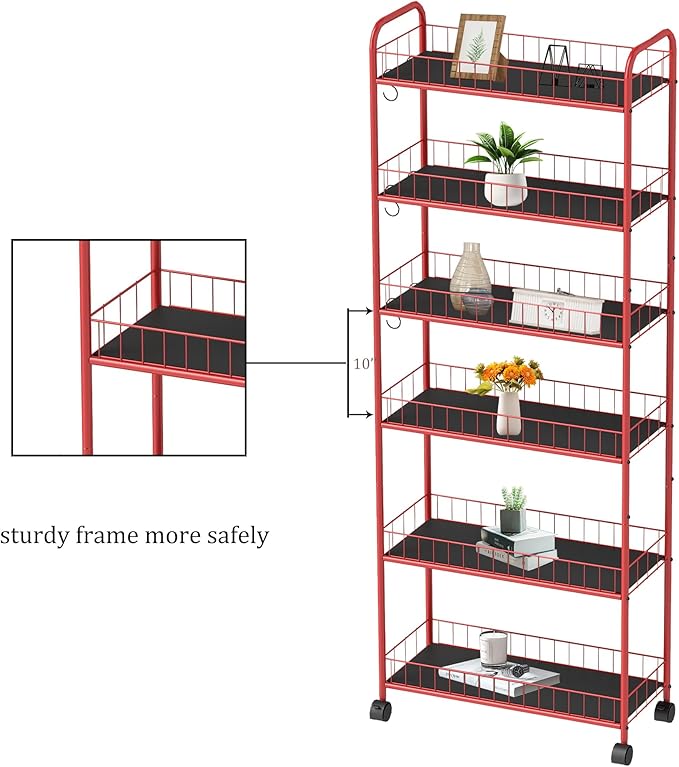 6-Tier Storage Cart Wire Slim Shelving Shelf with Wheels for Small Spaces, Rolling Tall Organizer Storage for Bathroom, Kitchen, Home, Garage, Bedroom, Closet (Red, 10“D)
