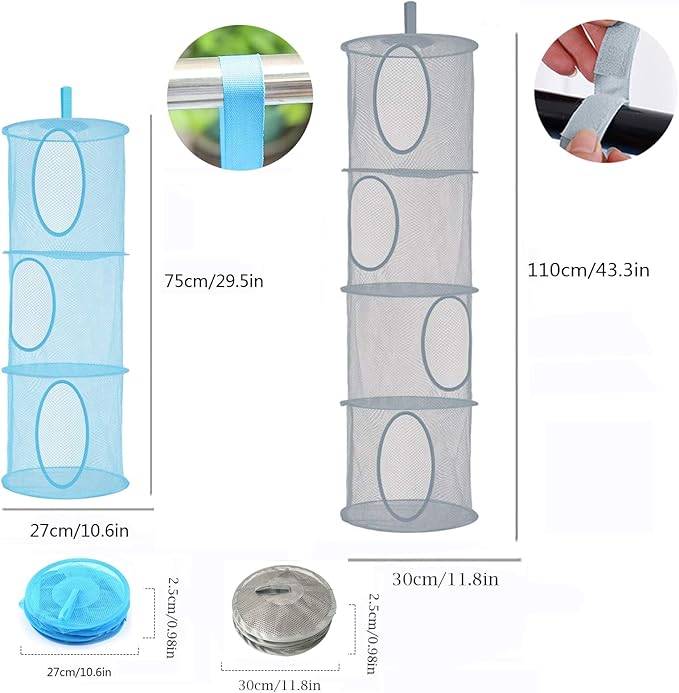 2pcs Hanging Mesh Storage Organizer Bag Foldable Space Saving Organizer with 2pcs S Hooks for Room Bathroom Wall Balcony Wardrobe(Grey，Blue)-NeatNest