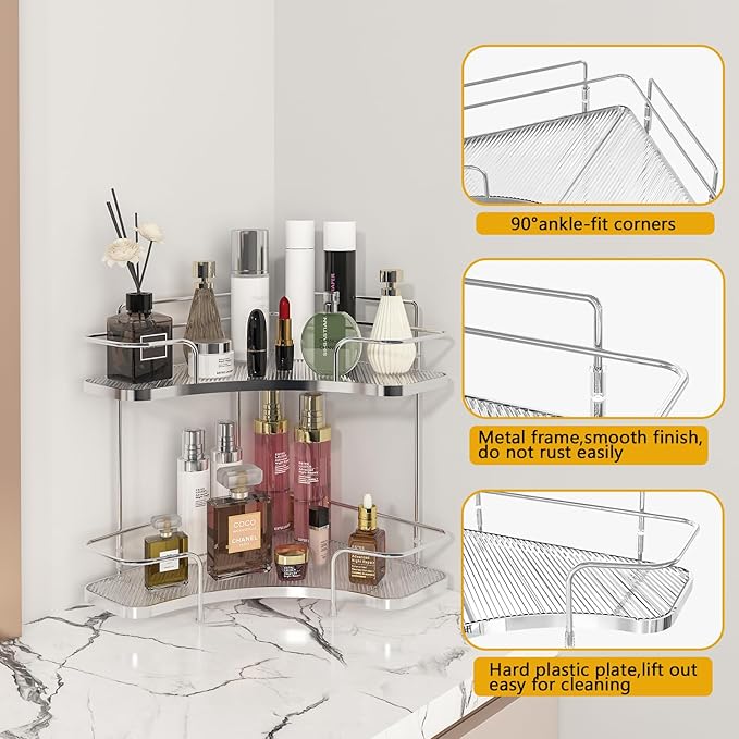 FOLLOWIN 2 Tier Bathroom Countertop Corner Organizer,Countertop Perfume Tray,Vanity Counter Shelf,Skincare Makeup Cosmetic Vanity Organizers,Silver-NeatNest