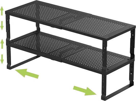 Expandable Adjustable Stackable Kitchen Organizer, Spice Rack,Metal Pantry Storage Shelves Racks,Counter Shelf for Cabinets, Countertop, Cupboard(2 Packs/Large/Black)-NeatNest