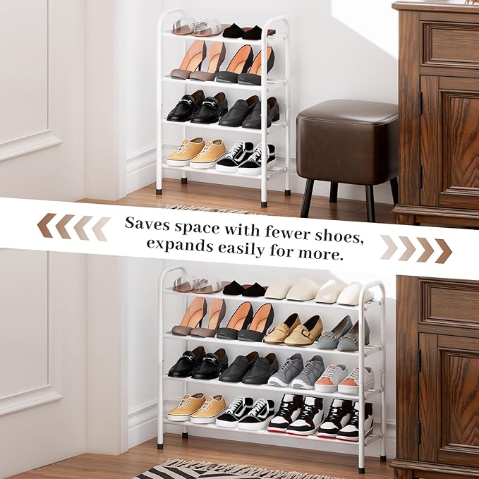 Expandable Shoe Rack, Adjustable Shoes Organizer Metal, Space-Saving Storage Shelf for Closet, Entryway, Front Door & Hallway,Sturdy and Easy Assembly (White, 4-Tier)